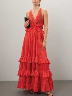 Sabina Musayev Camellia Dress Red Maxi Embroidered Gown - Small - Tiered Ruffle